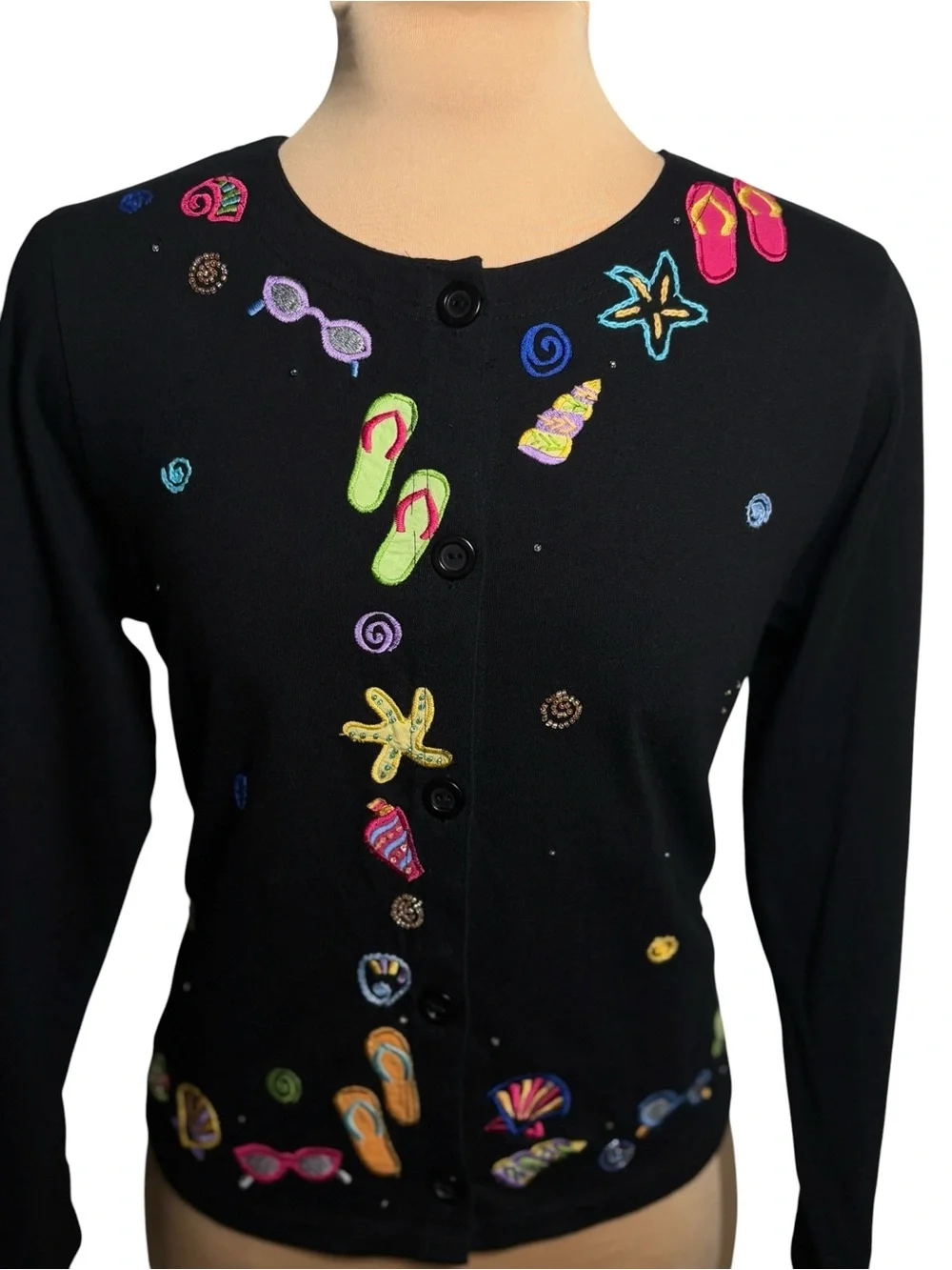 Michael Simon Lite Beach Theme Embroidered Cardigan Seashell Coastal Sweater Sm - Picture 5 of 10